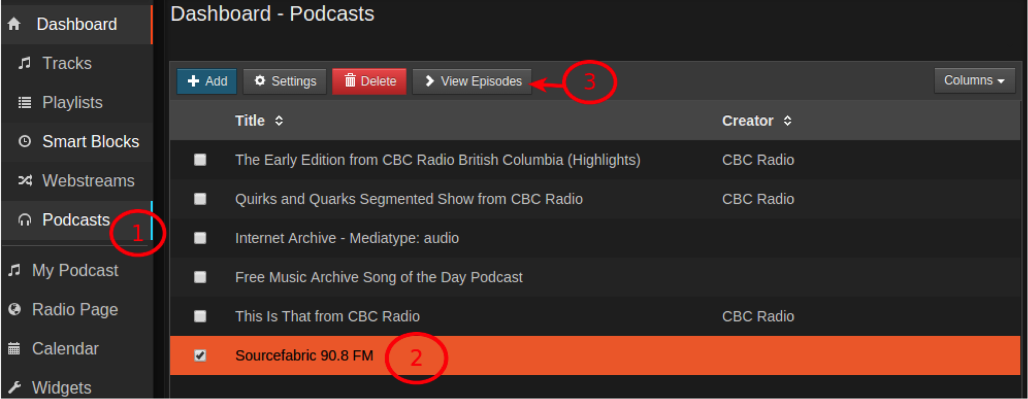 How to view the list of episodes in an imported podcast